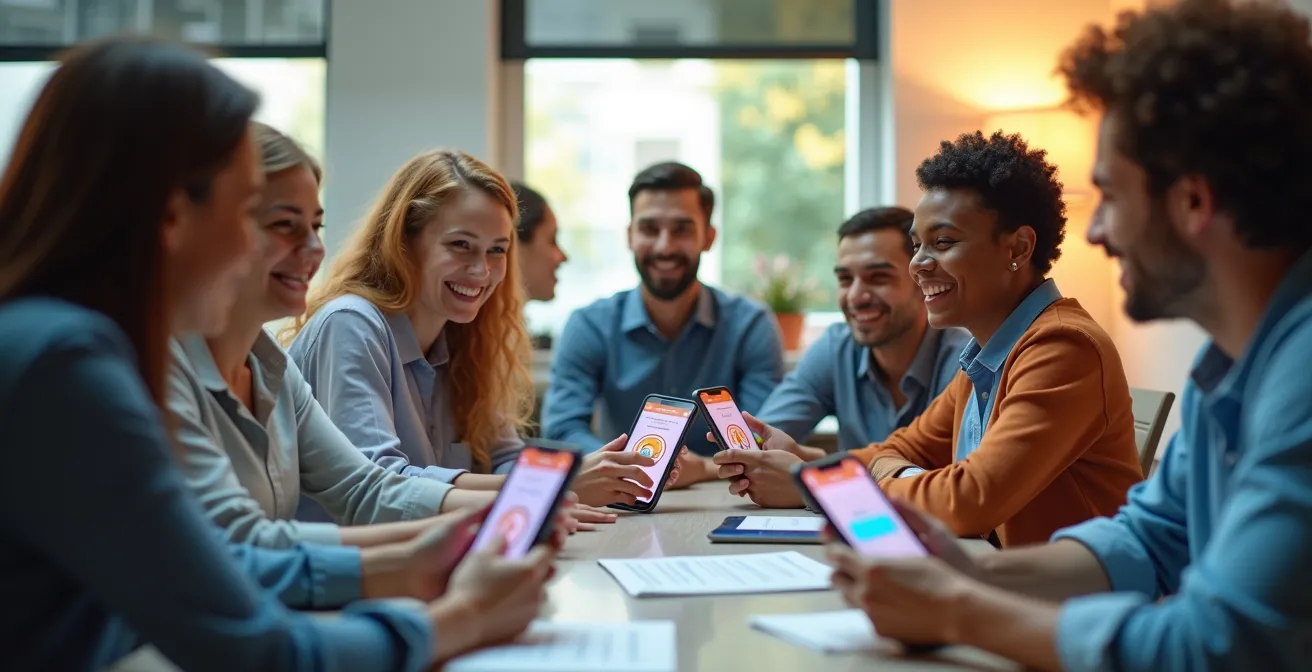 Illustration dynamique montrant des employés utilisant des applications mobiles ludiques pour apprendre le plan d’urgence en entreprise.