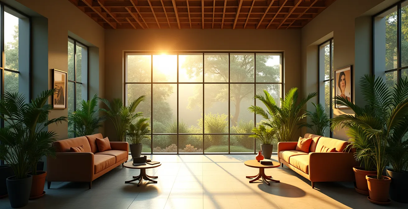 Bureau lumineux avec plantes, lumière naturelle, et espaces calmes pour la santé mentale