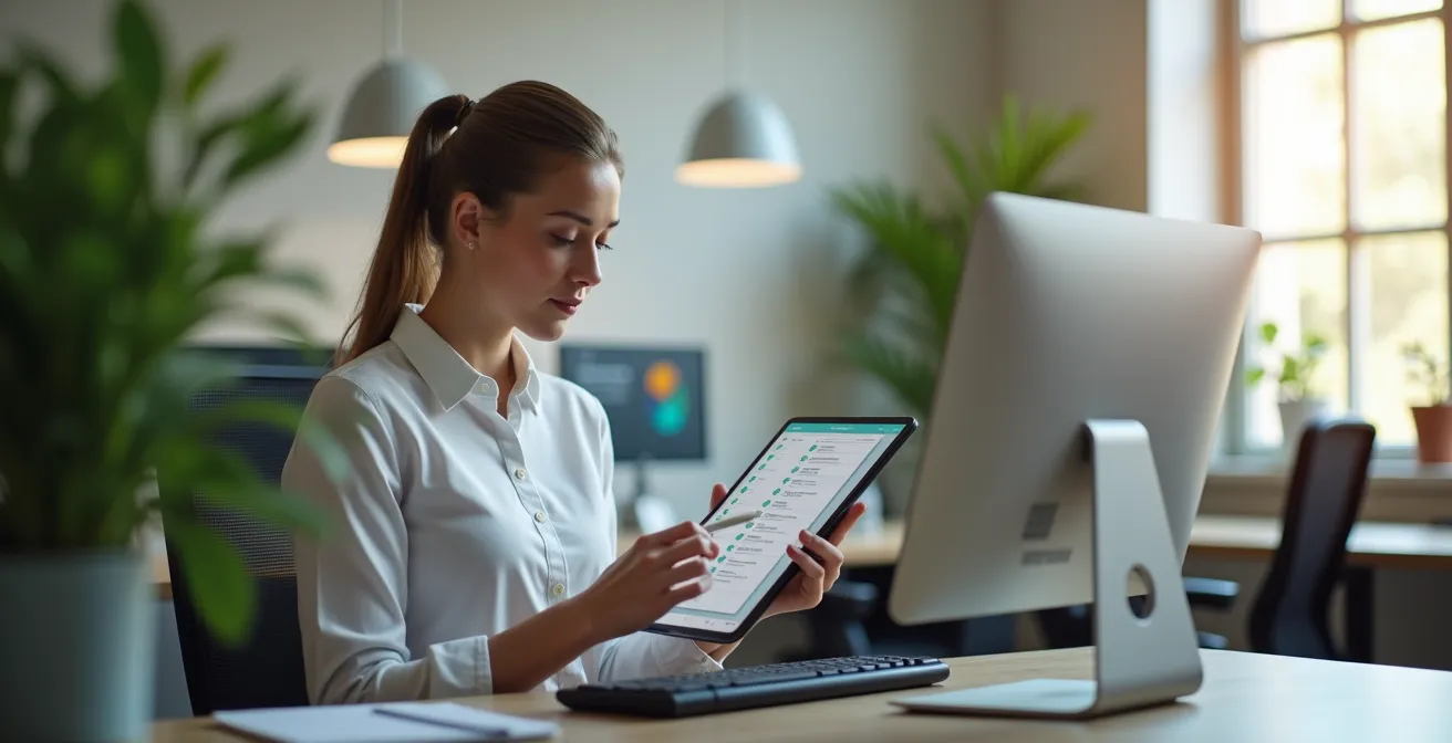 Employé utilisant des outils ergonomiques modernes avec une checklist visible à l'écran