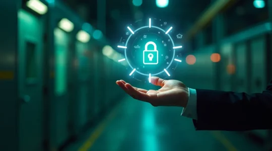 Concept visuel illustrant un badge d'accès électronique intelligent avec des éléments de sécurité numériques intégrés et une ambiance de haute technologie sécuritaire