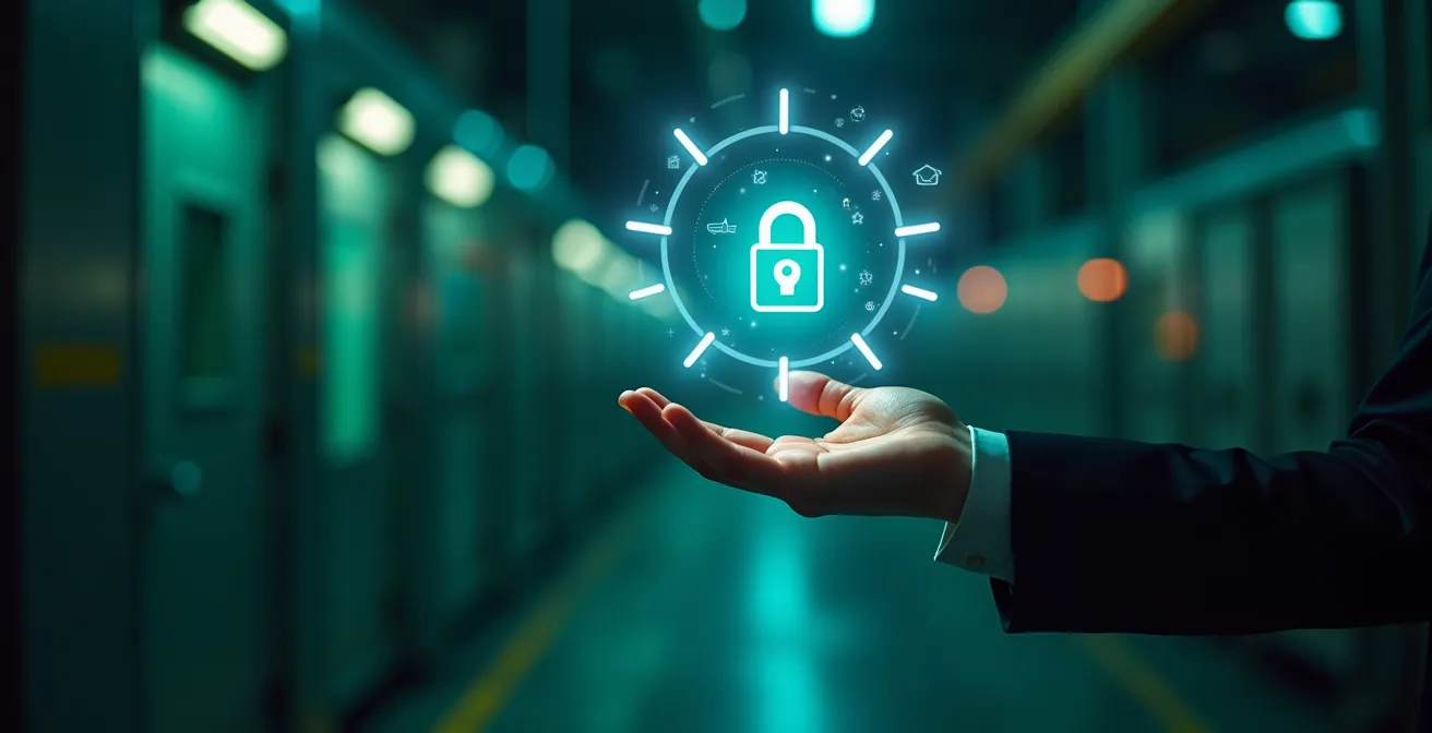 Concept visuel illustrant un badge d'accès électronique intelligent avec des éléments de sécurité numériques intégrés et une ambiance de haute technologie sécuritaire