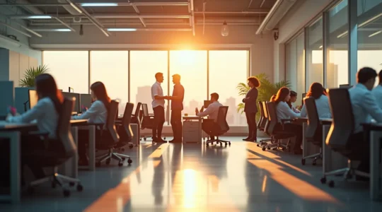 Un environnement de bureau moderne avec employés heureux et espaces sécurisés et ergonomiques