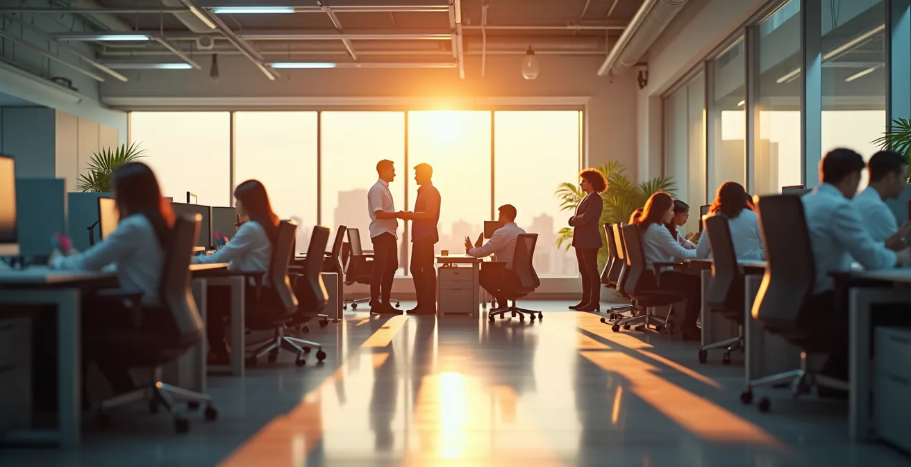 Un environnement de bureau moderne avec employés heureux et espaces sécurisés et ergonomiques