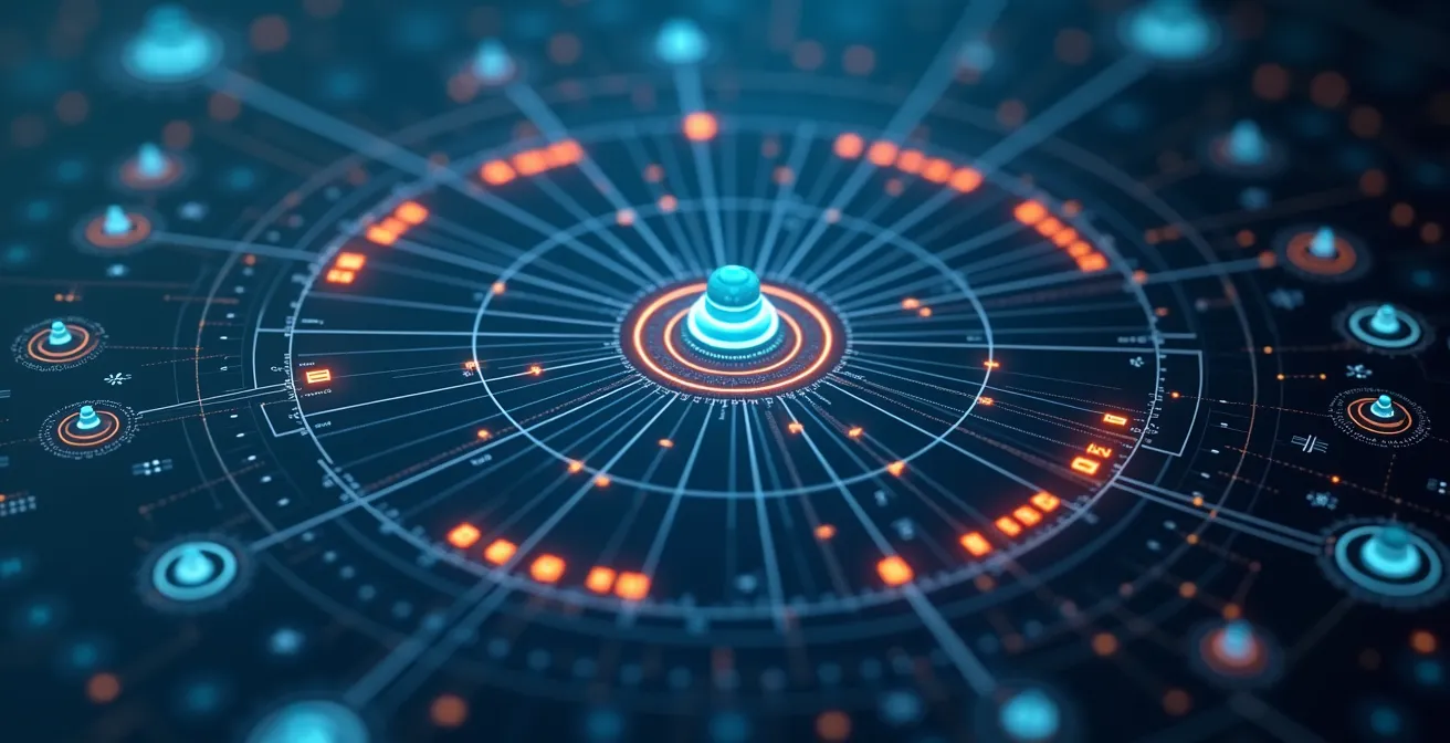 Illustration d'une cartographie des activités vitales d'une entreprise avec des connexions montrant les interdépendances internes et externes