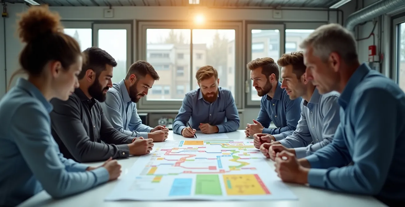 Illustration d'une équipe multidisciplinaire analysant une carte de flux pour optimiser un processus industriel