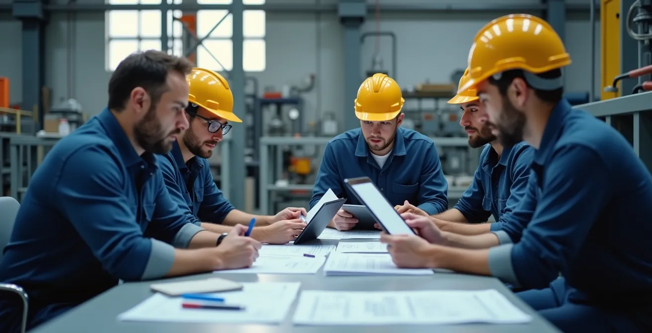 Photo montrant une réunion collaborative entre opérateurs et techniciens autour d’un plan de maintenance avec documents et tablettes