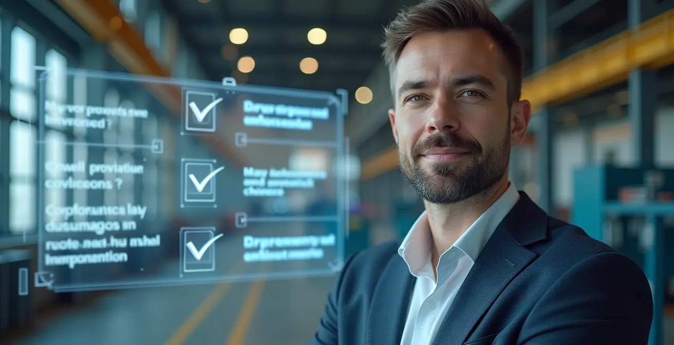 Image symbolique illustrant la conformité au Québec comme avantage stratégique en sécurité industrielle et professionnelle, avec des éléments visuels de sécurité et d'entreprise