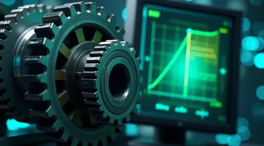 Représentation symbolique d'une évaluation des risques industriels où des engrenages représentant la probabilité, la gravité et la détectabilité s'assemblent pour former un graphique en radar indiquant un niveau de risque bas.