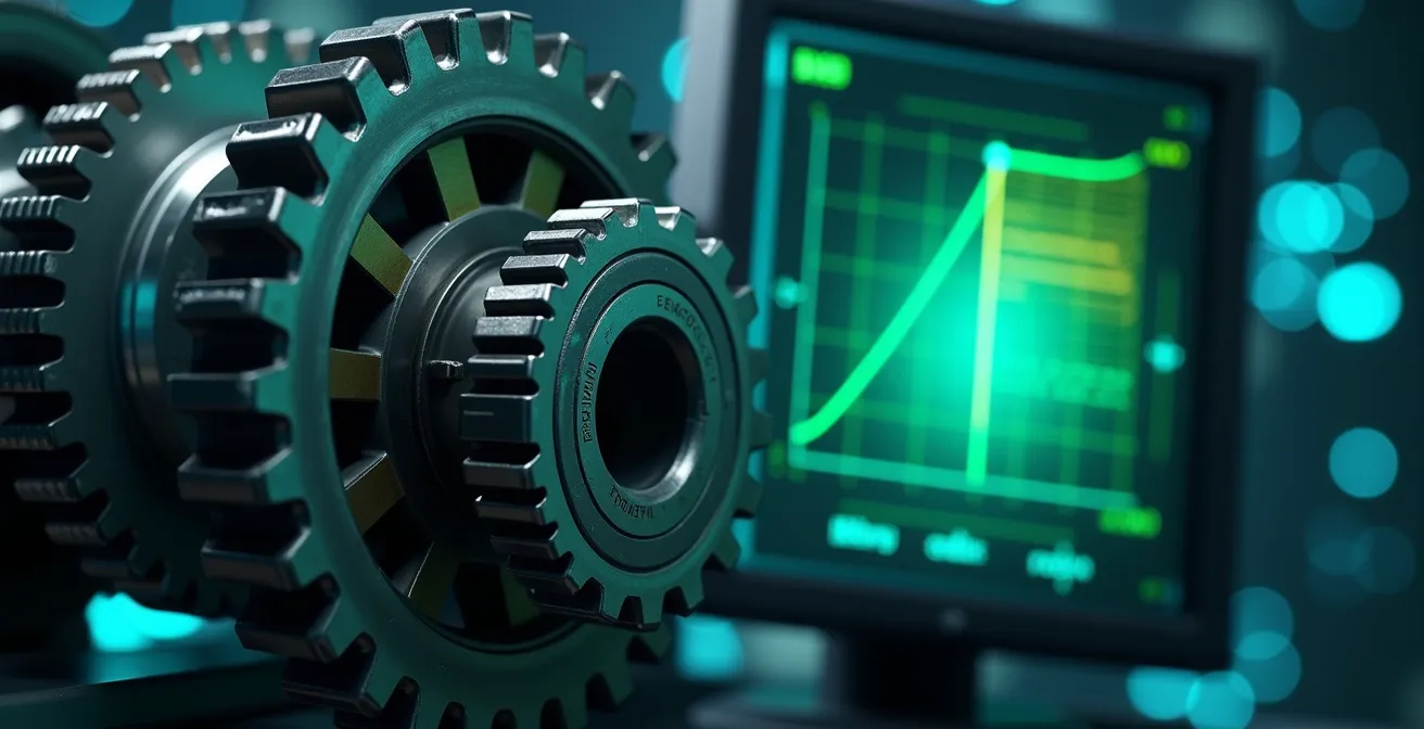 Représentation symbolique d'une évaluation des risques industriels où des engrenages représentant la probabilité, la gravité et la détectabilité s'assemblent pour former un graphique en radar indiquant un niveau de risque bas.