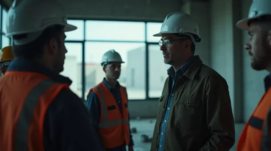 Illustration symbolique montrant un gestionnaire québécois supervisant activement une équipe en formation sécurité industrielle sur un chantier moderne.