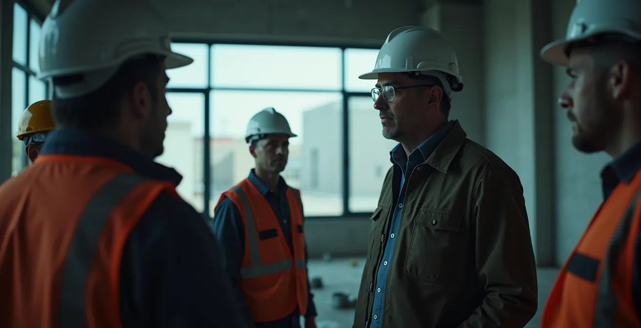 Illustration symbolique montrant un gestionnaire québécois supervisant activement une équipe en formation sécurité industrielle sur un chantier moderne.
