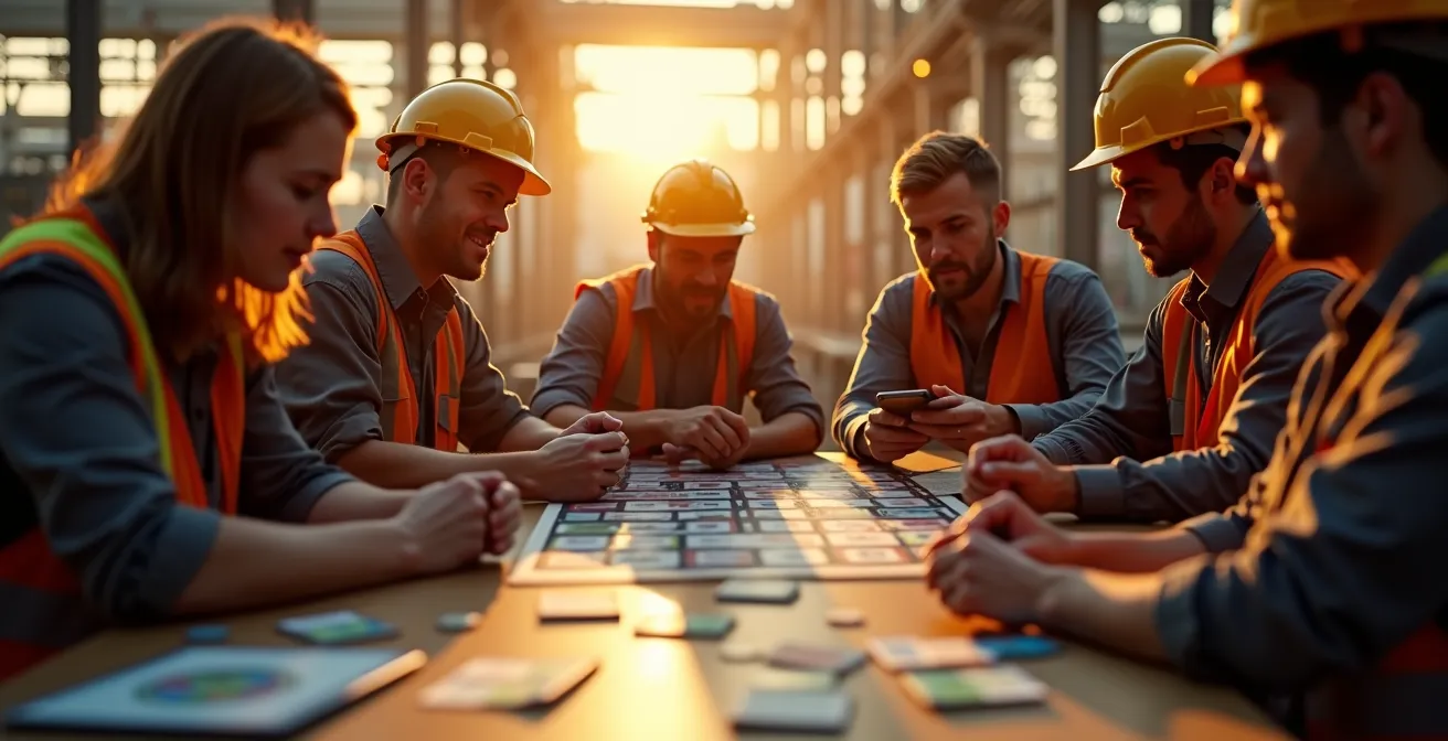 Employés industriels engagés dans un serious game de prévention des risques sur chantier