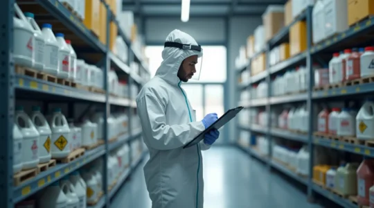Vue symbolique d'une installation industrielle sécurisée avec des produits chimiques bien identifiés et bien protégés