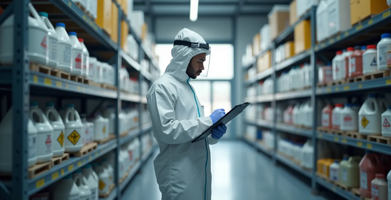 Vue symbolique d'une installation industrielle sécurisée avec des produits chimiques bien identifiés et bien protégés