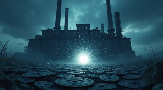 Image symbolique d'une entreprise industrielle au Québec avec des fissures d'où s'échappent des pièces ou de l'argent symbolisant des pertes invisibles