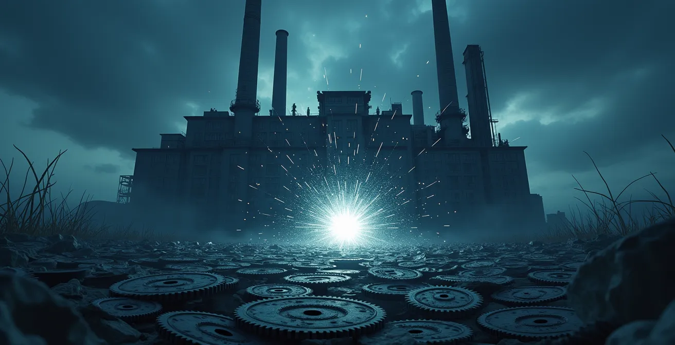 Image symbolique d'une entreprise industrielle au Québec avec des fissures d'où s'échappent des pièces ou de l'argent symbolisant des pertes invisibles