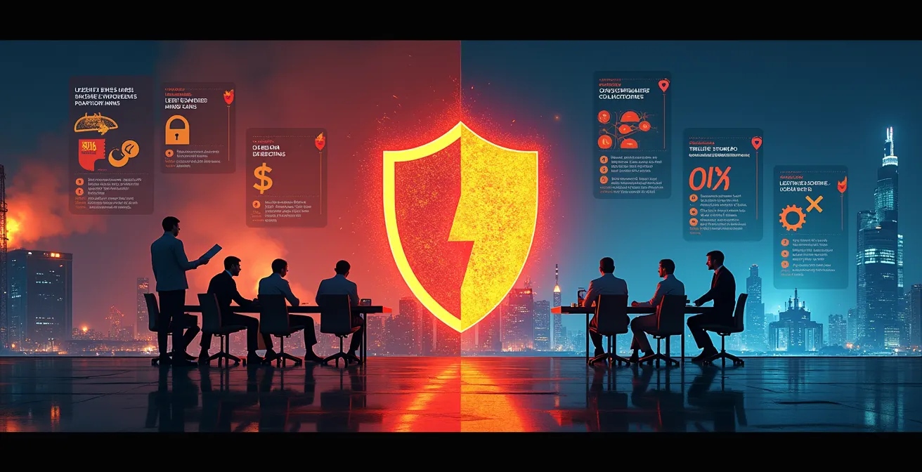 Illustration représentant différents scénarios d’urgence industriels, incluant incendie, cyberattaque et crise humaine.