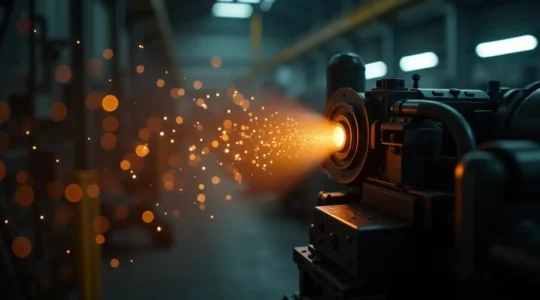 Une machine industrielle avec des éléments visuels symbolisant des murmures et des signaux d'alerte liés à la sécurité