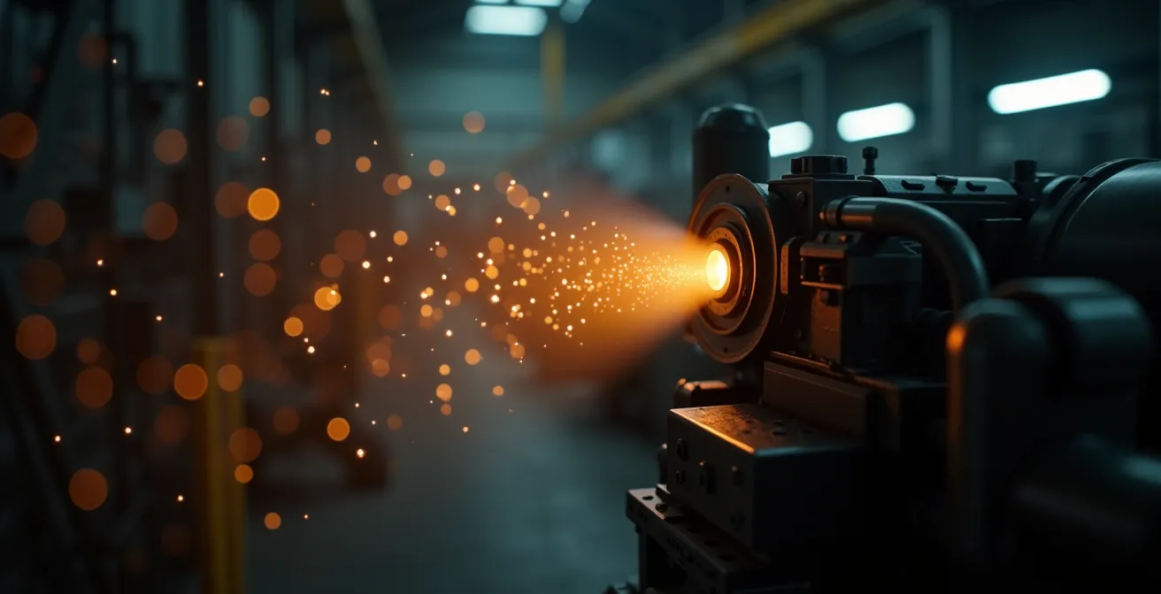 Une machine industrielle avec des éléments visuels symbolisant des murmures et des signaux d'alerte liés à la sécurité