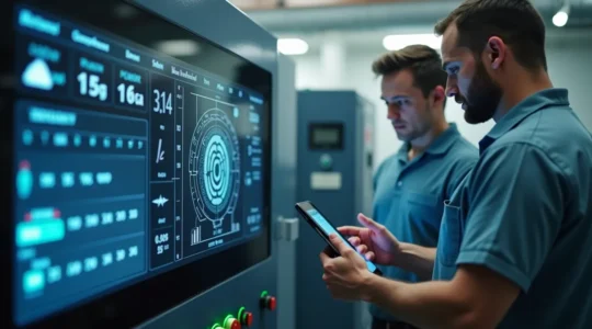 Image symbolique d'une machine industrielle moderne avec des capteurs IoT, techniciens en action et un calendrier de maintenance visible