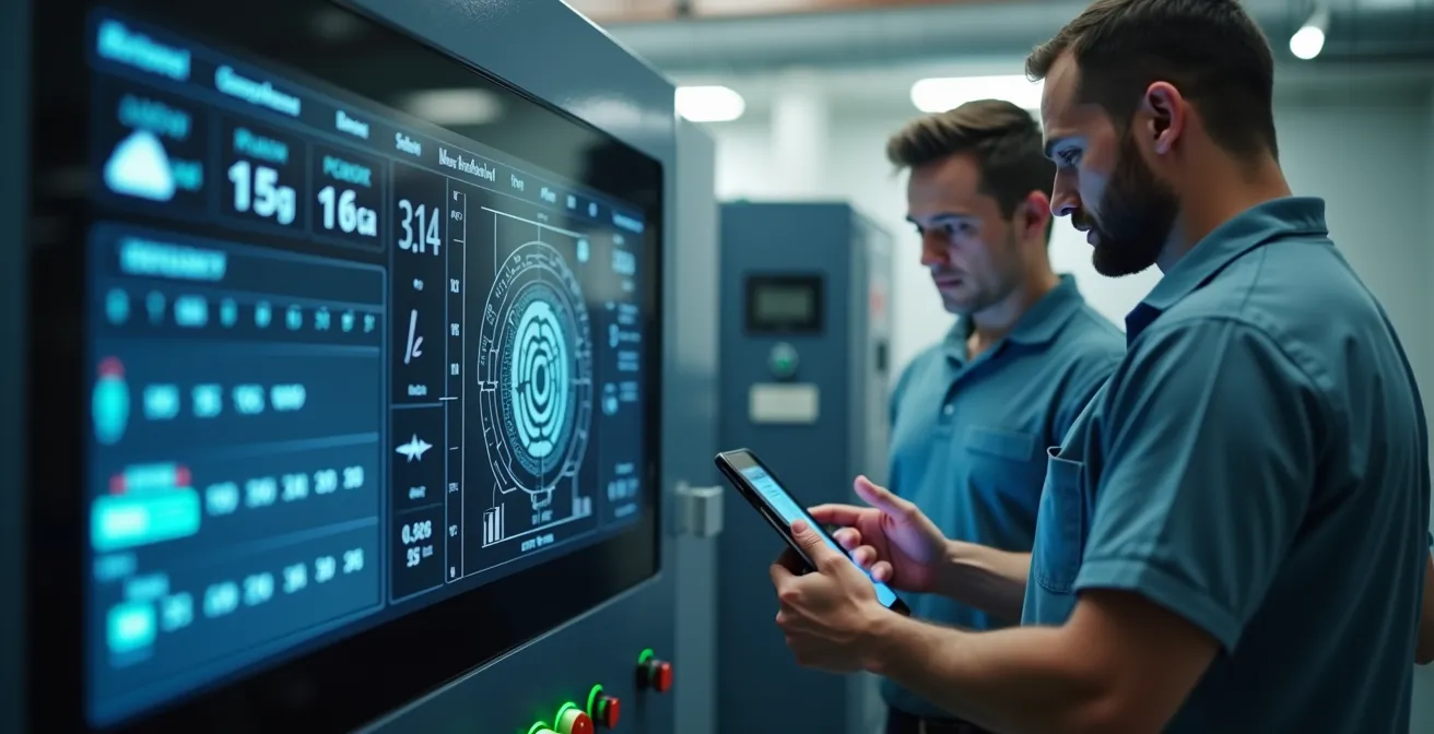 Image symbolique d'une machine industrielle moderne avec des capteurs IoT, techniciens en action et un calendrier de maintenance visible