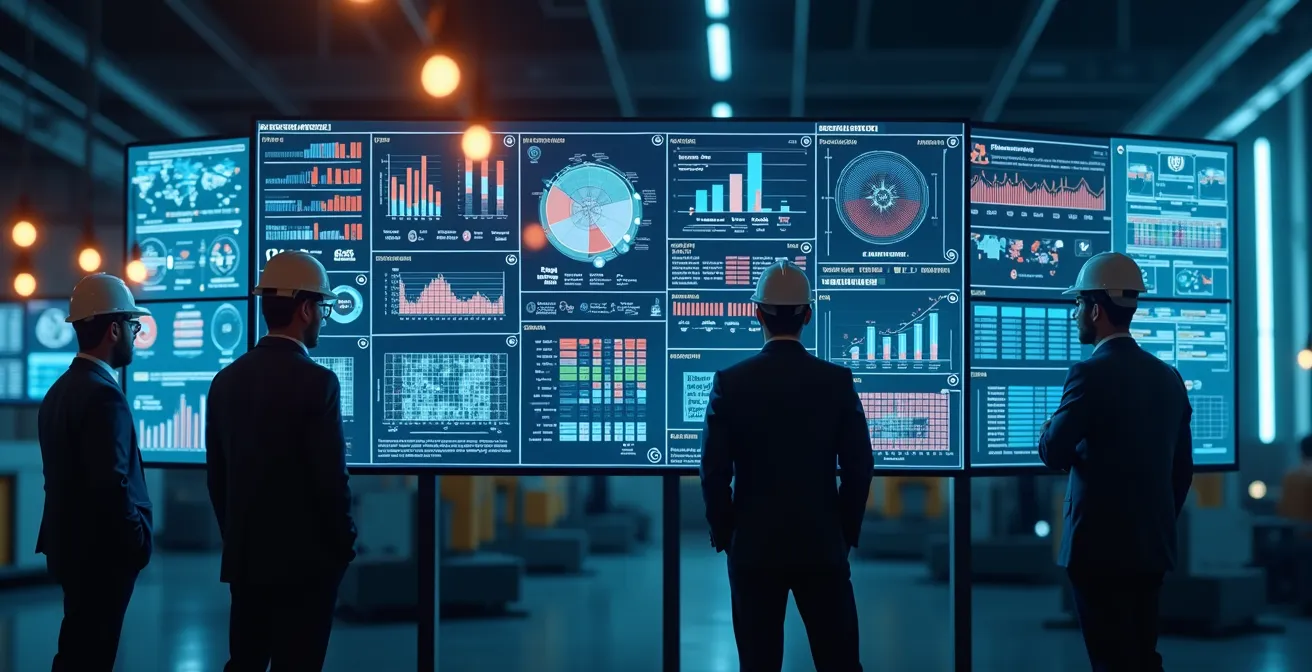 Tableau de management visuel dynamique en usine avec opérateurs observant attentivement