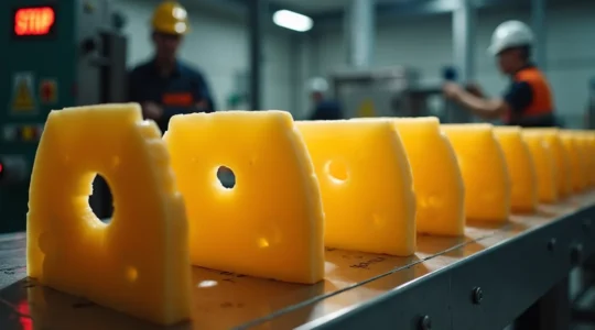 Image symbolique d'un procédé industriel exposé à des risques multiples, avec des éléments visuels d'alerte et de sécurité