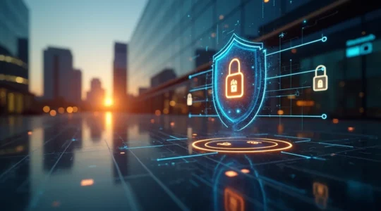 Illustration symbolique représentant la protection stratégique des données en entreprise au Québec, comprenant des éléments numériques, des cadenas, et une silhouette d'entreprise moderne.