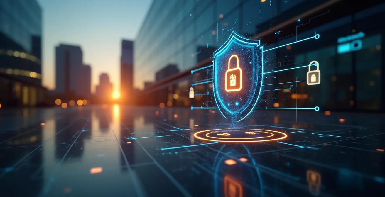 Illustration symbolique représentant la protection stratégique des données en entreprise au Québec, comprenant des éléments numériques, des cadenas, et une silhouette d'entreprise moderne.