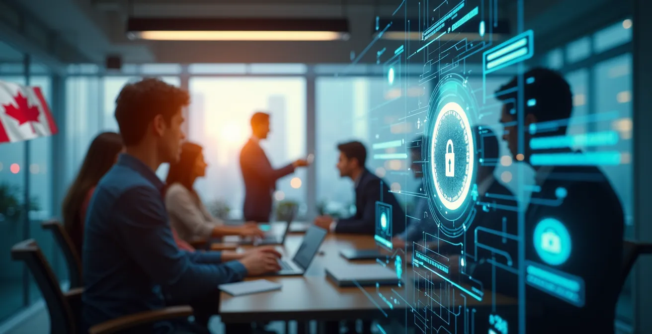 Représentation symbolique de la sécurité d'entreprise globale intégrant culture d'entreprise et technologies modernes au Québec