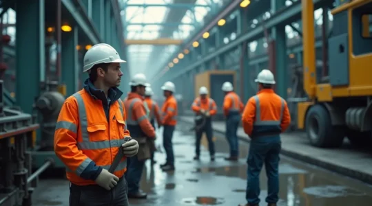 Travailleurs et machines en milieu industriel au Québec montrant l'engagement actif dans la prévention des accidents