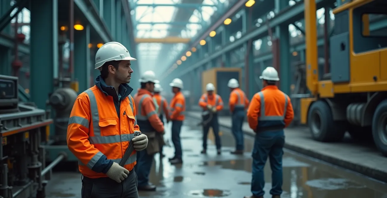 Travailleurs et machines en milieu industriel au Québec montrant l'engagement actif dans la prévention des accidents
