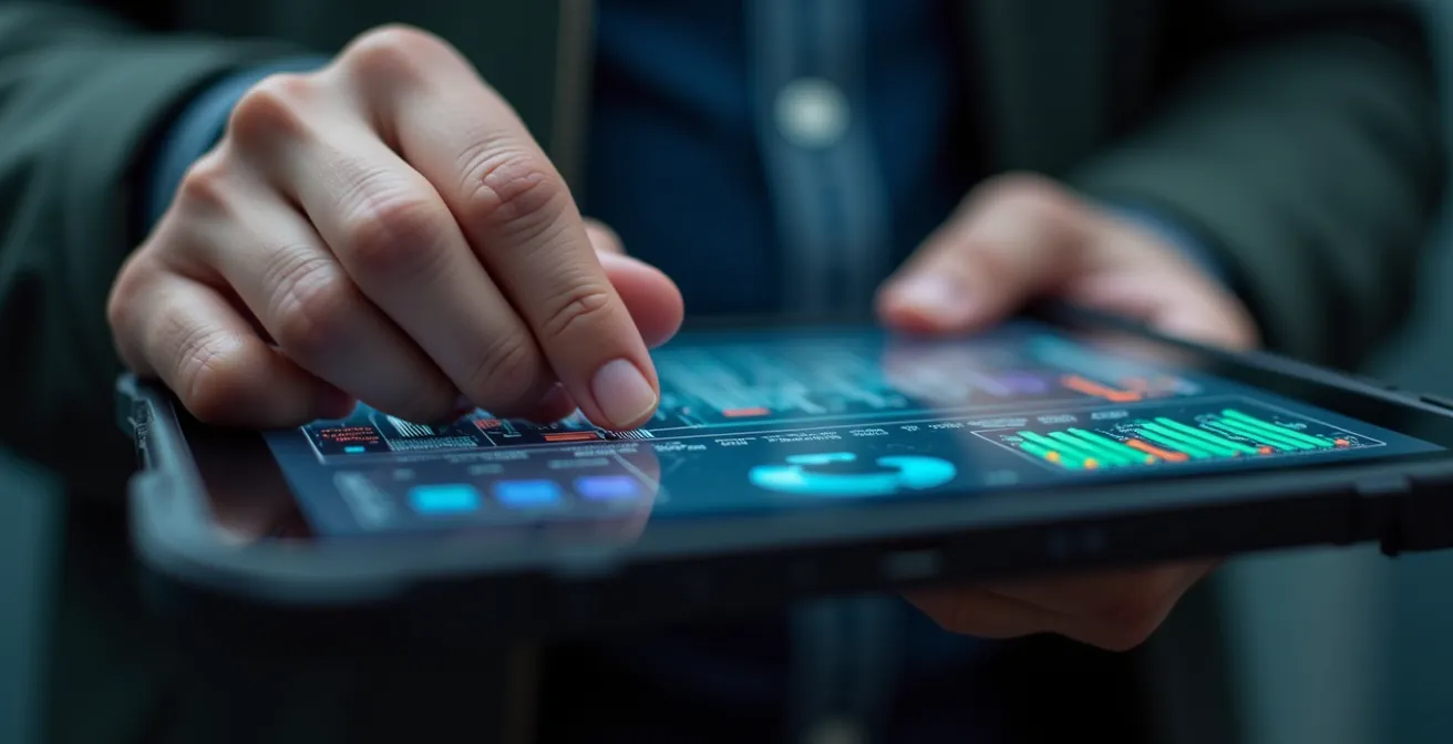 Agent de sécurité analysant des données sur tablette tactile