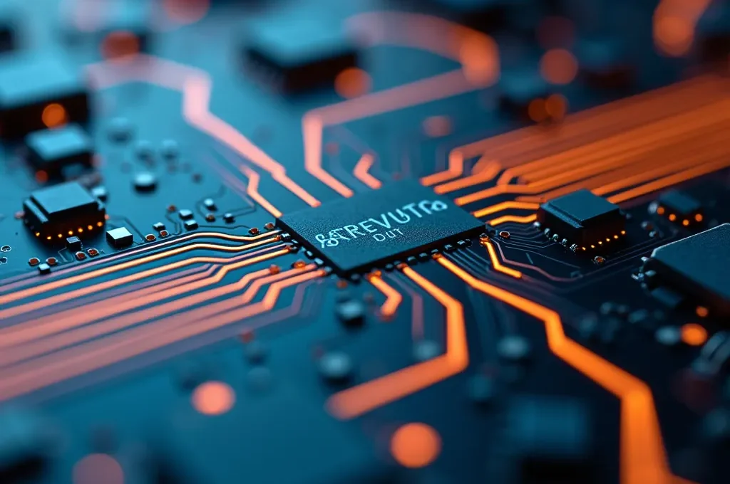 Gros plan macro sur une surface de circuit imprimé avec des motifs lumineux abstraits