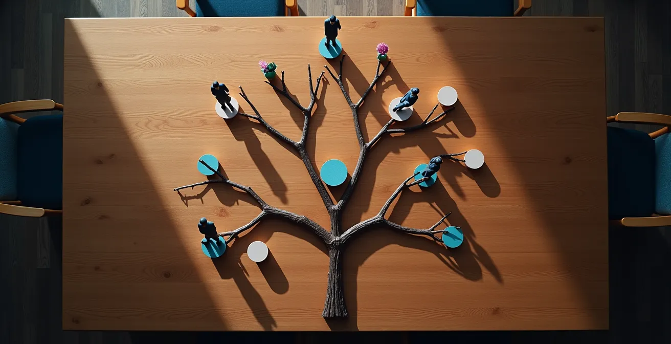 Schéma visuel d'un arbre de décision pour l'ÉFVP avec des icônes représentant différents scénarios d'entreprise