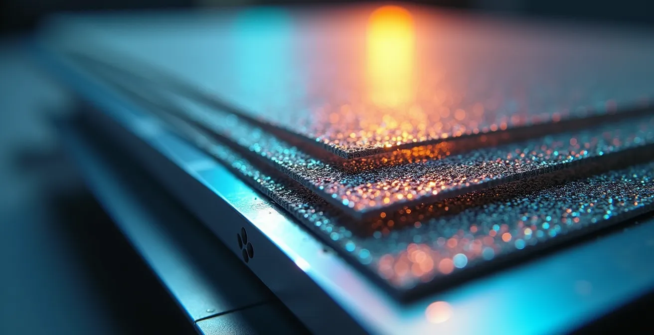 Gros plan macro sur un système de filtrage numérique avec flux de données abstraits