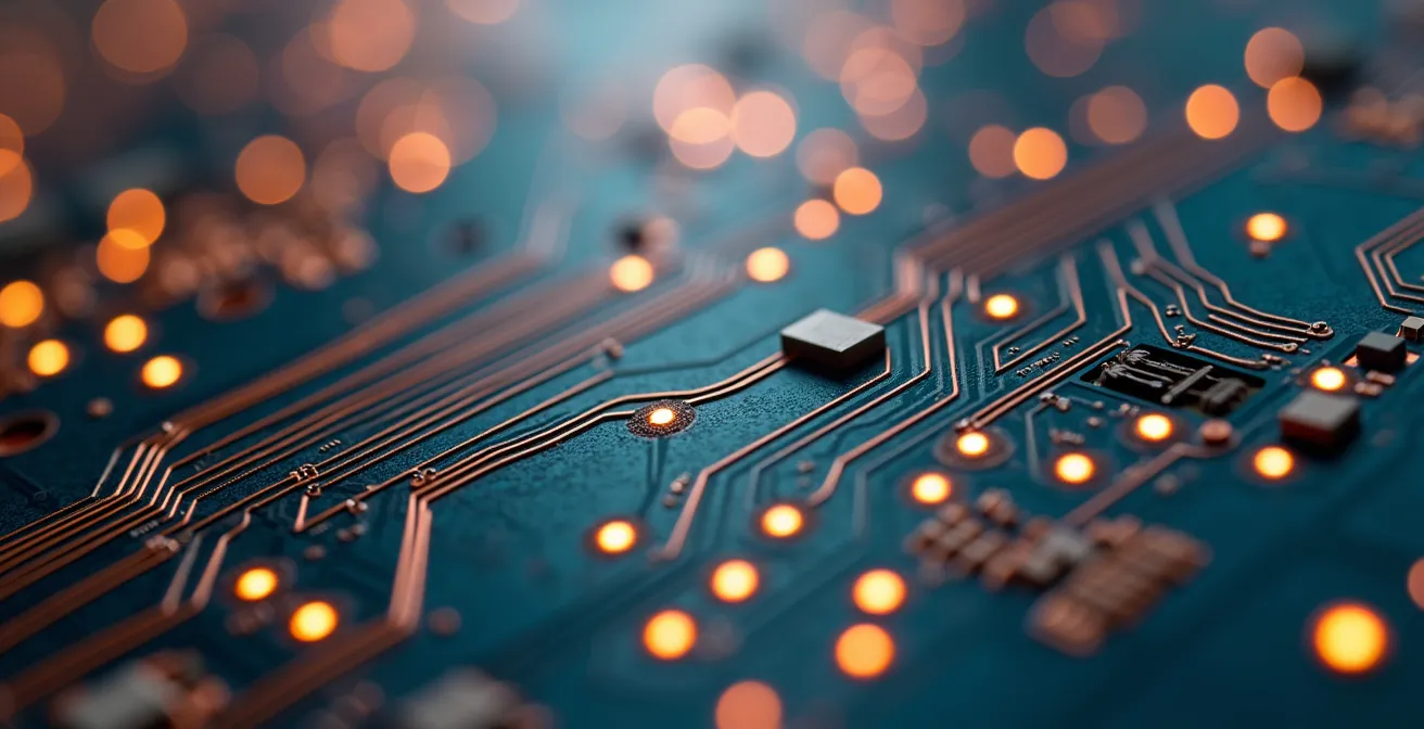 Vue macro d'une surface de circuit imprimé avec patterns abstraits représentant la protection du code