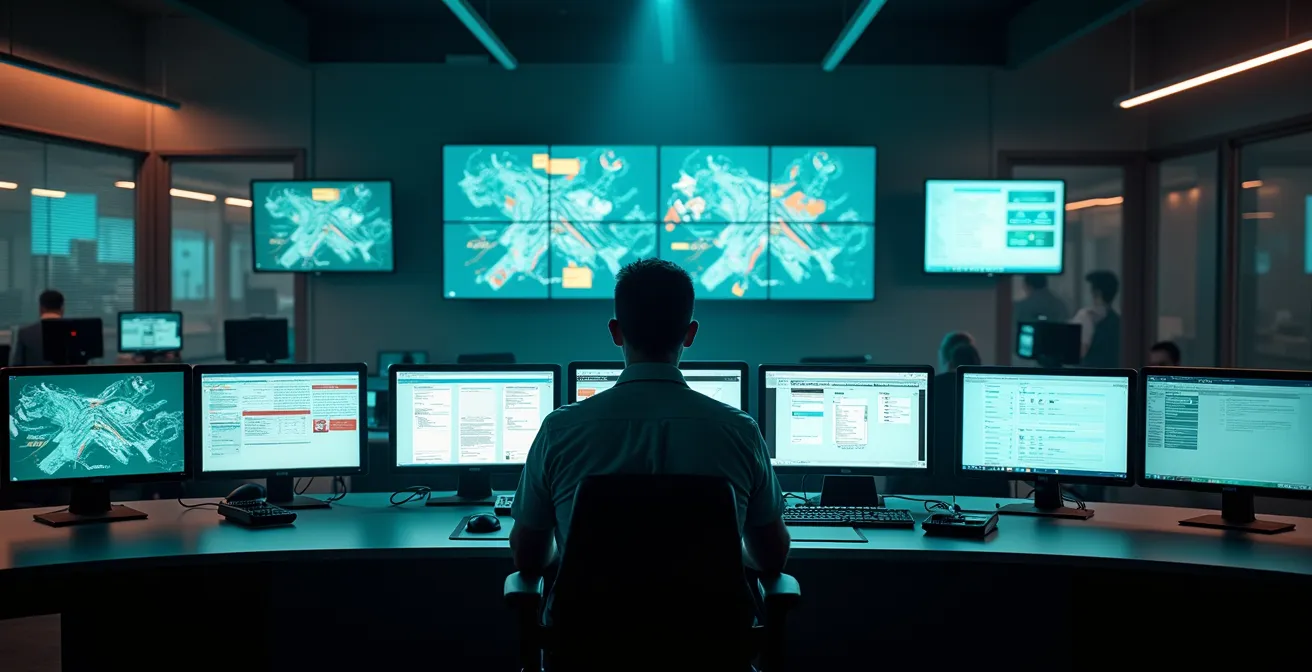 Poste de commandement avec opérateur radio coordonnant l'intervention d'urgence