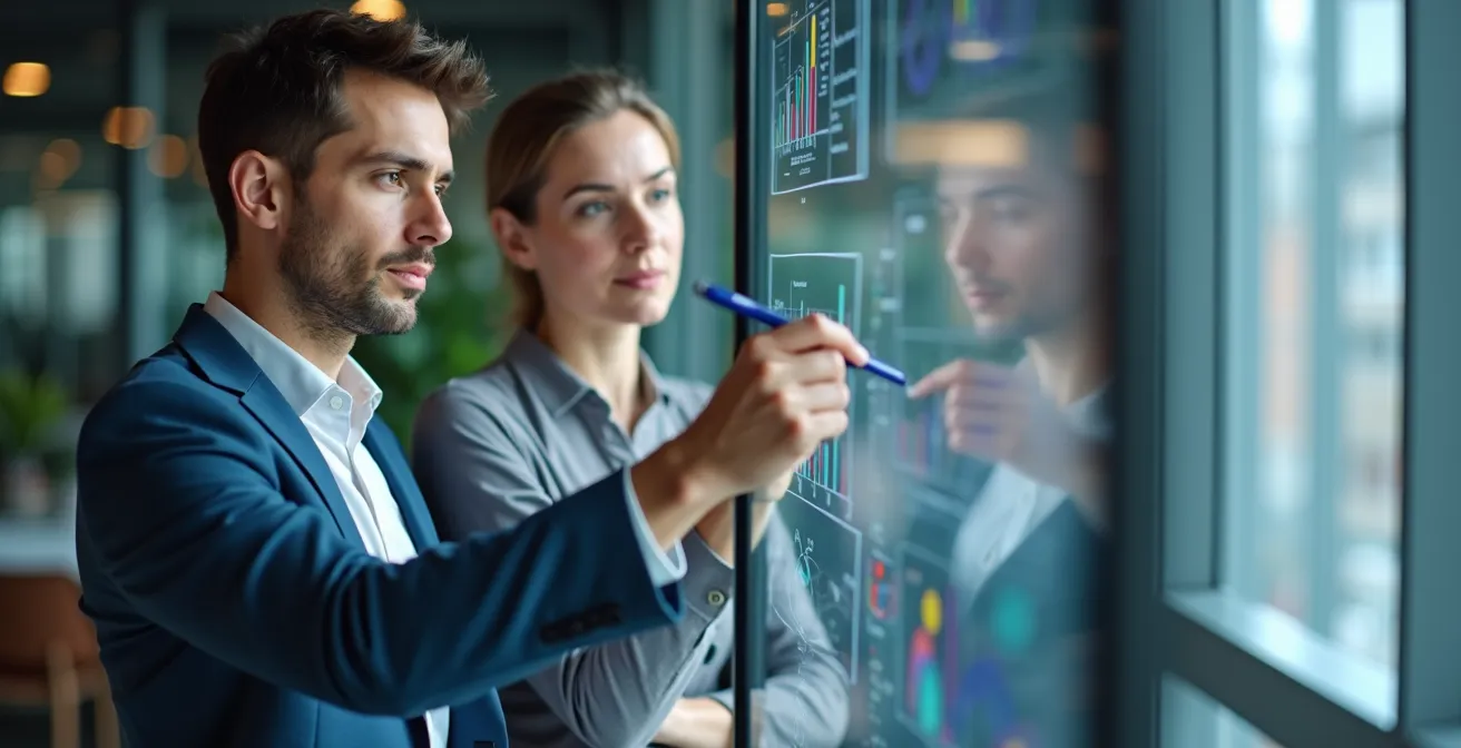 Deux professionnels analysant des données sur un tableau transparent dans un environnement de bureau moderne