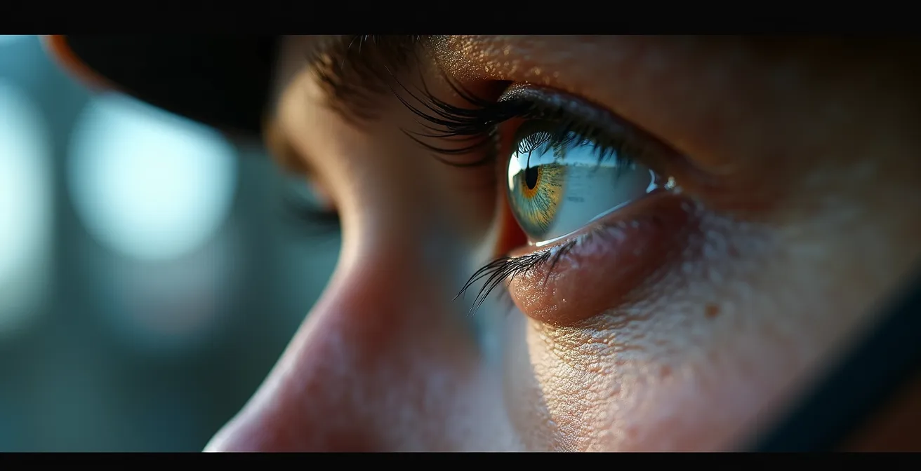 Travailleur industriel analysant son environnement avec concentration, détails macro sur les sens en alerte