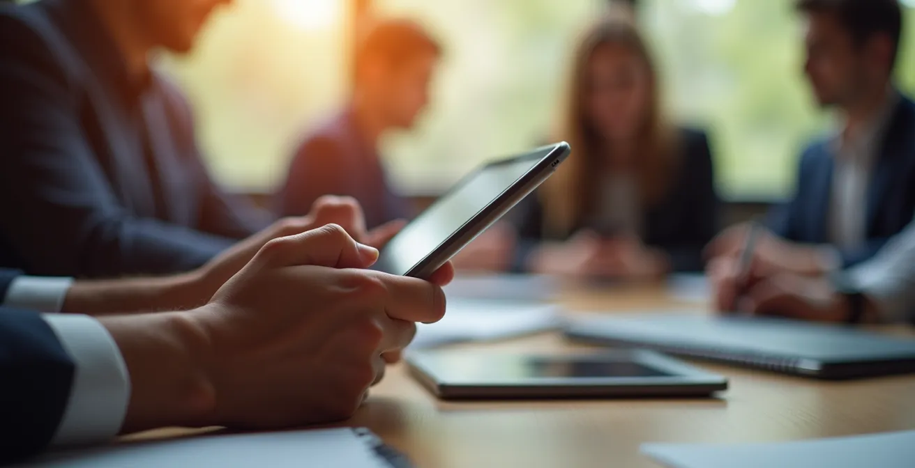 Mains tenant une tablette montrant des options de consentement visuellement claires et intuitives