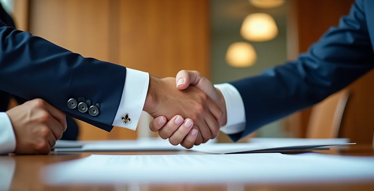 Poignée de main professionnelle symbolisant un accord de licence, avec des documents contractuels en arrière-plan et un subtil écusson fleurdelisé.