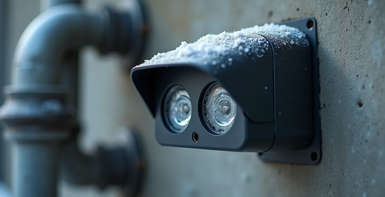Vue macro détaillée d'un détecteur de mouvement industriel dans un environnement québécois