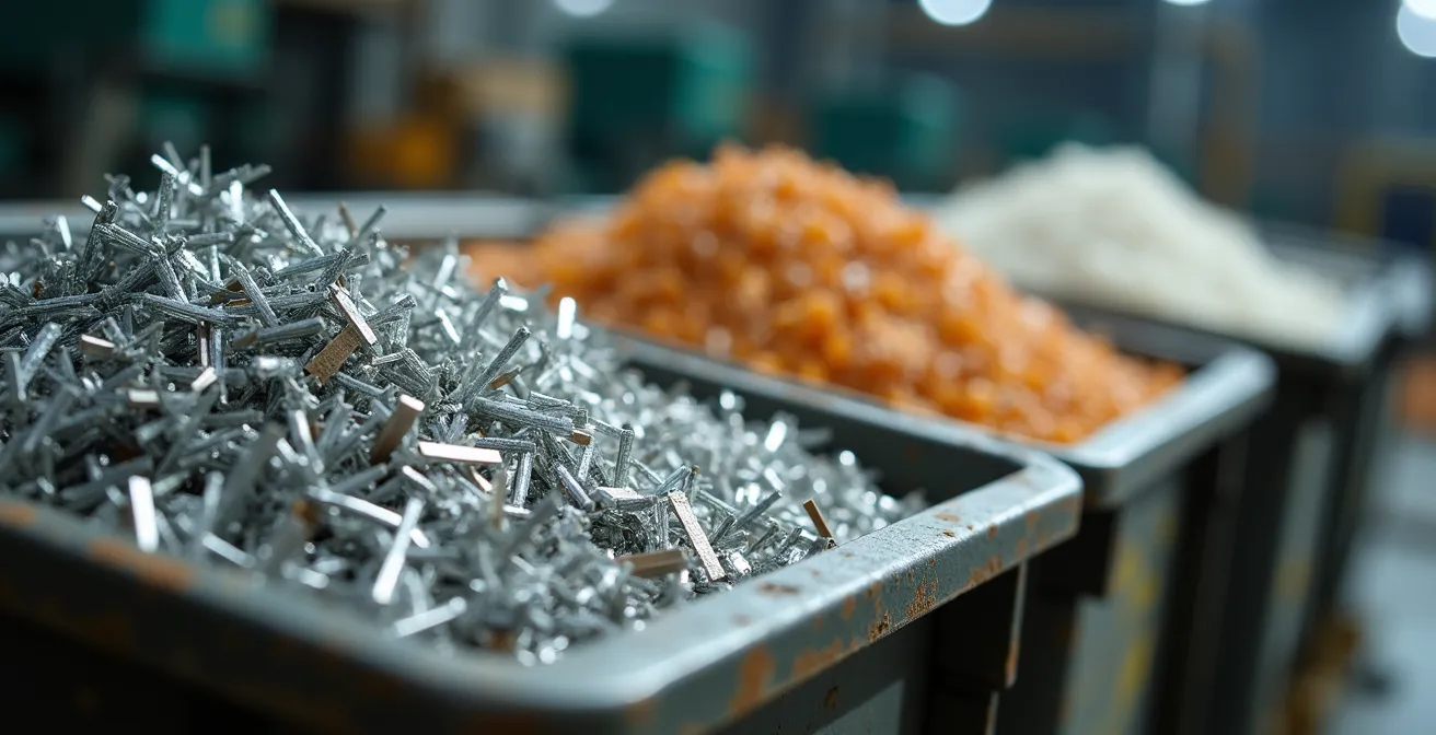 Vue macro détaillée de matériaux recyclables triés et organisés dans un environnement industriel québécois