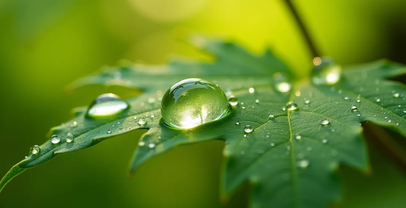 Vue macro de feuilles de fraisier vertes avec gouttes de rosée symbolisant le renouveau