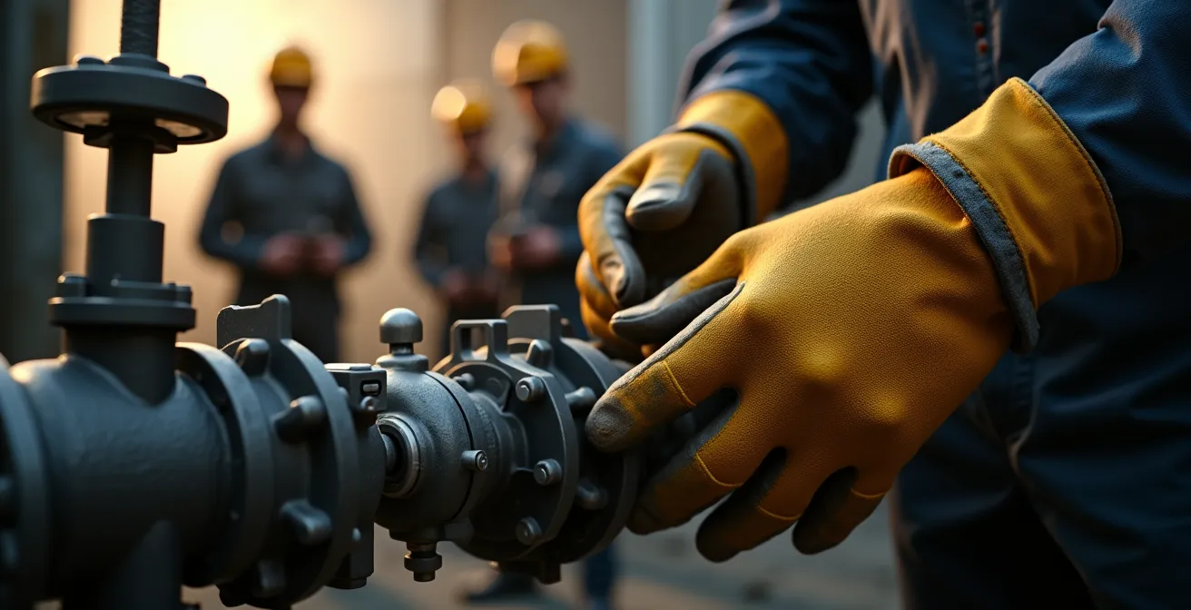 Travailleur expérimenté formant des collègues sur les pratiques de sécurité dans un environnement industriel au Québec.