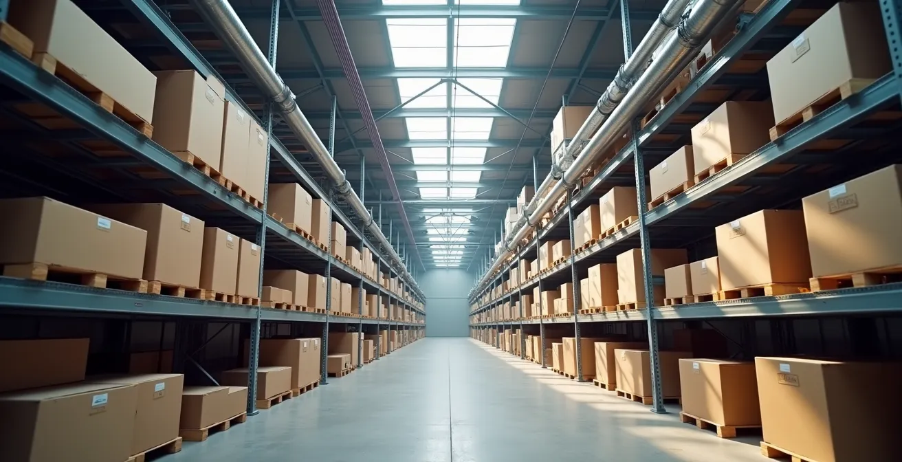 Vue latérale d'un entrepôt montrant la zone de dégagement obligatoire sous les gicleurs