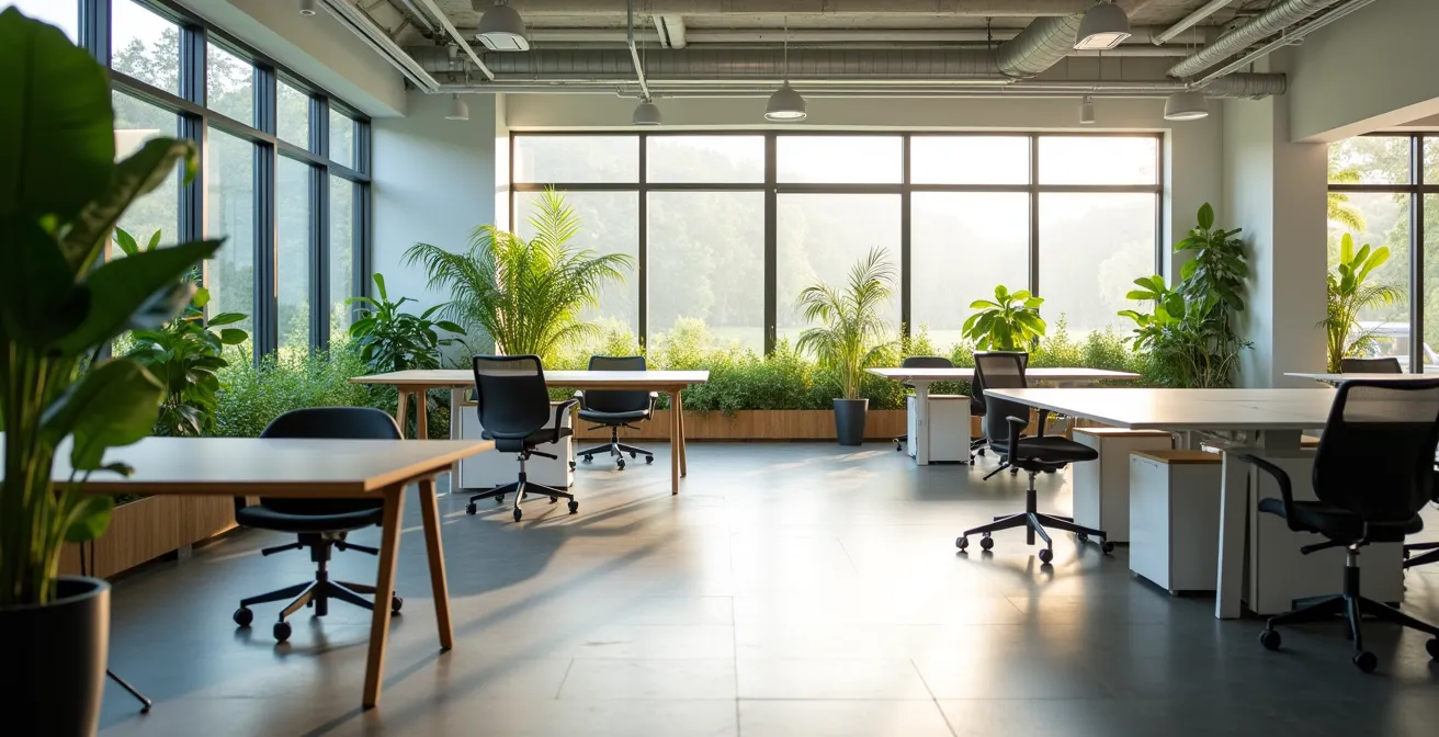 Espace de travail ouvert et lumineux avec plantes vertes symbolisant un environnement sain