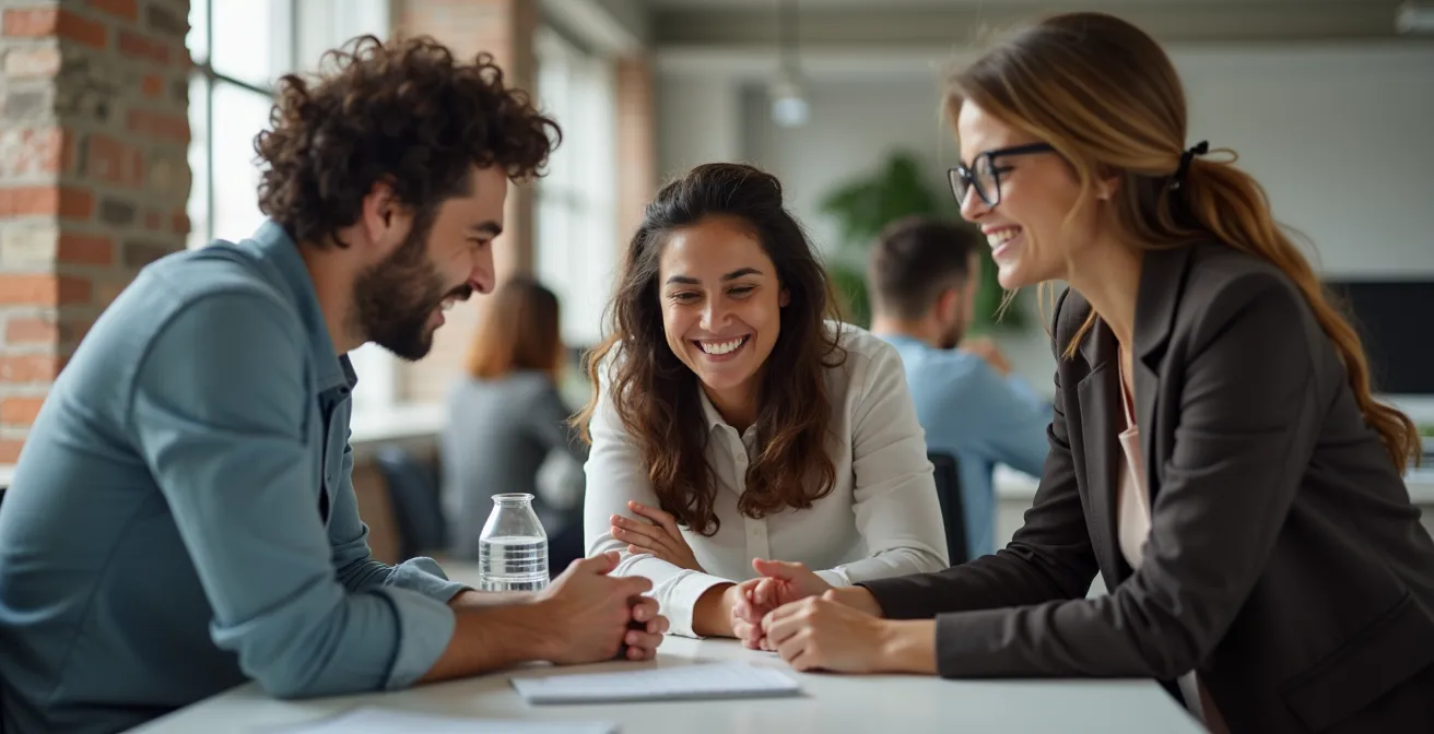 Espace de travail collaboratif lumineux avec équipe diversifiée en discussion naturelle