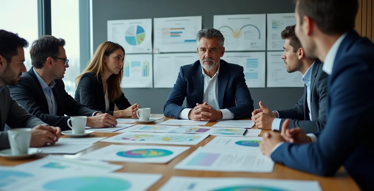 Équipe de direction en exercice de simulation de crise dans une salle de guerre avec tableaux stratégiques